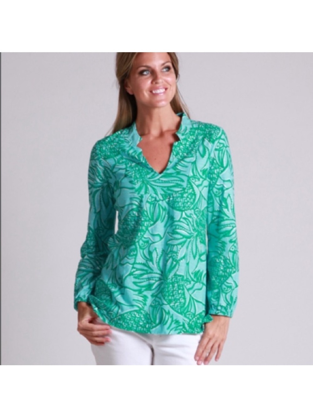 Lilly Pulitzer Joycee tunic blouse in the Shorely Blue Toucan Tango
